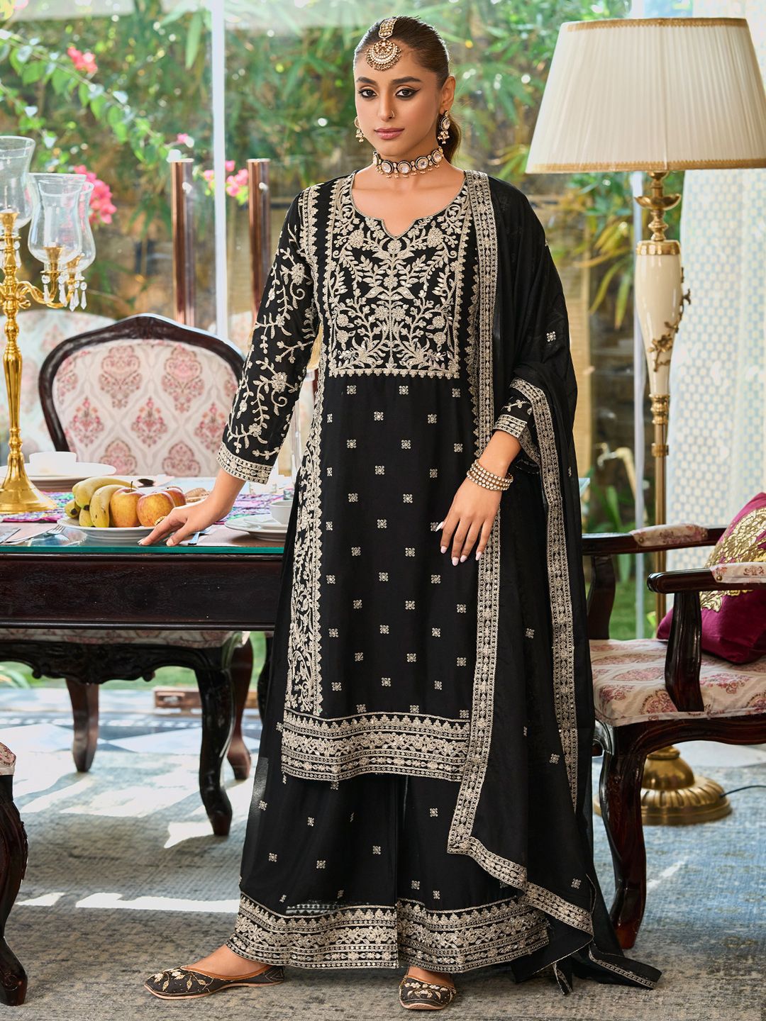 Floral Embroidered Round Neck Mirror Work Straight Kurta With Palazzos & Dupatta