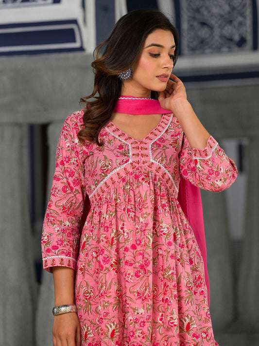 Dhiyona VA Women's Floral Printed Pleated Pure Cotton Kurta with Trousers & With Dupatta