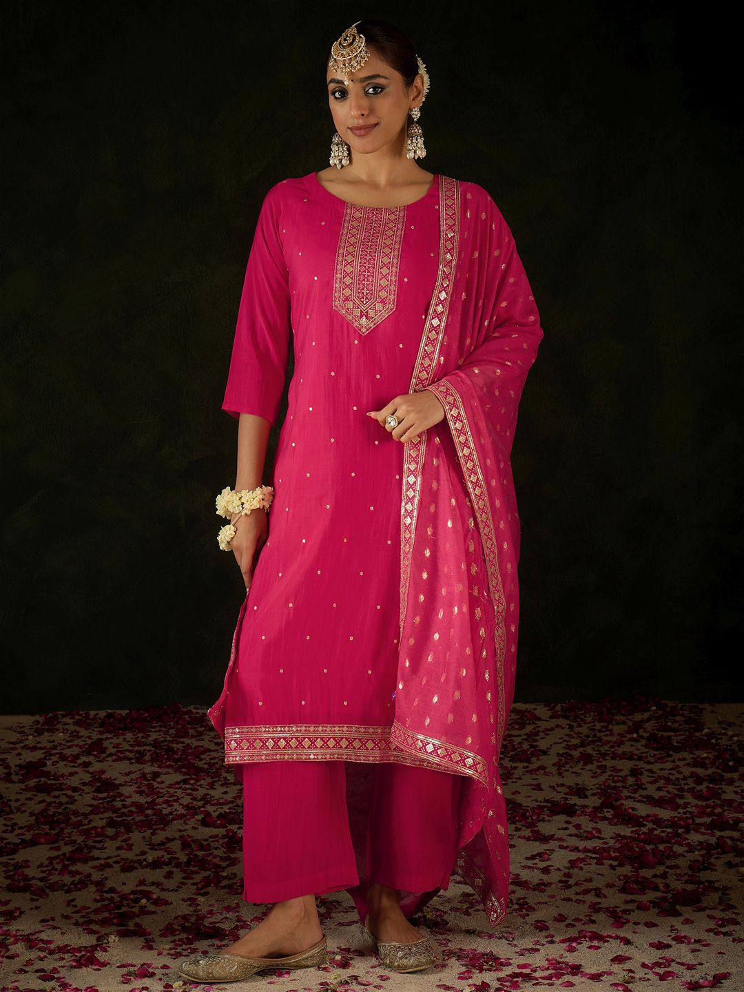 Women Ethnic Motifs Embroidered Regular Sequinned Kurta with Trousers & With Dupatta