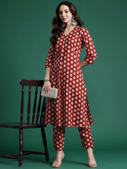 Dhiyona IE Women Printed Pleated Pure Cotton Kurta with Trousers