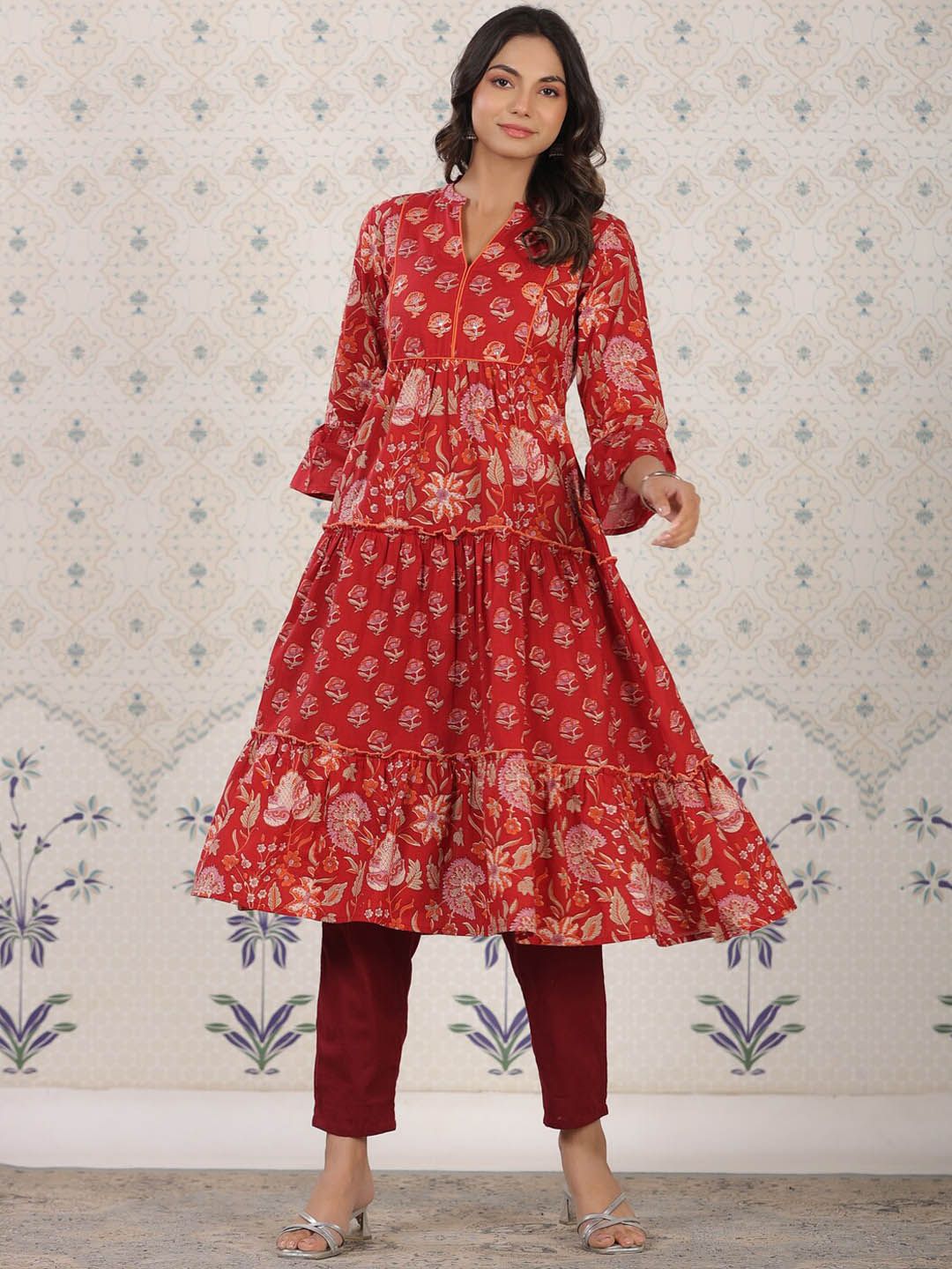 Dhiyona OD  Ethnic Motifs Printed Bell Sleeves A-Line Cotton Kurta