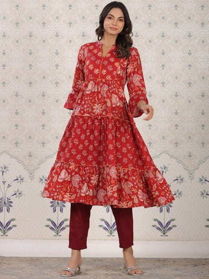 Dhiyona OD  Ethnic Motifs Printed Bell Sleeves A-Line Cotton Kurta