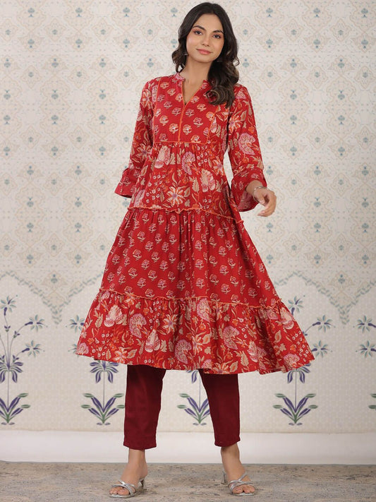 Dhiyona OD  Ethnic Motifs Printed Bell Sleeves A-Line Cotton Kurta