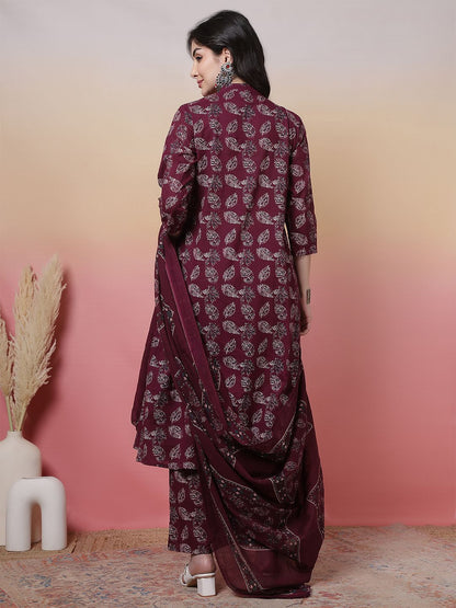 Dhiyona SN Women's Floral Printed Mandarin Collar Pure Cotton Anarkali Kurta With Trouser & Dupatta