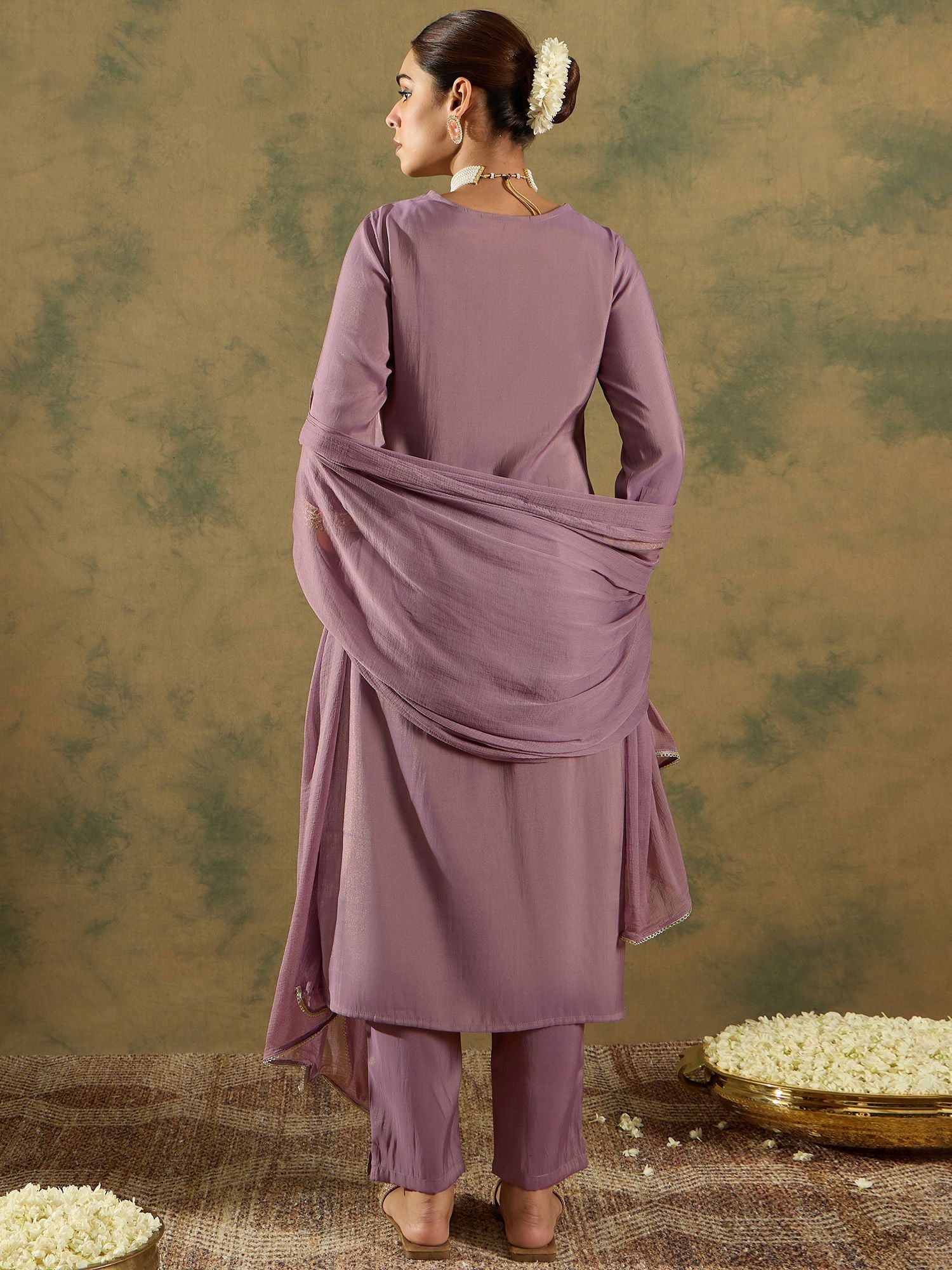 Floral Embroidered Embellished Straight Kurta with Trouser And Dupatta