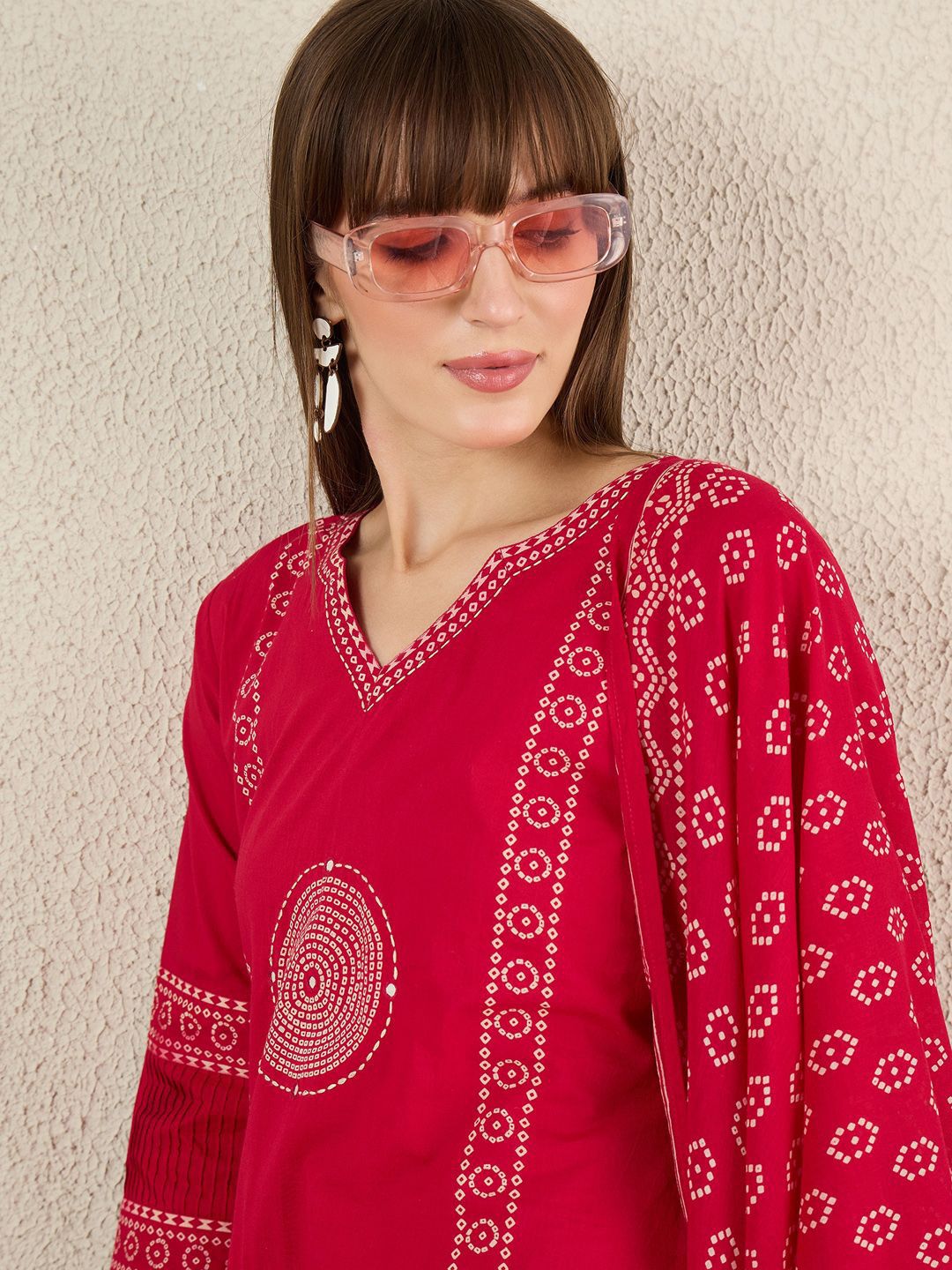 Dhiyona IE Ethnic Motifs Printed Pure Cotton V-Neck A-Line Kurta With Trousers & Dupatta