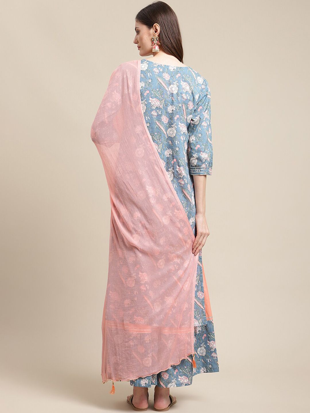 Dhiyona VA Women's Blue Ethnic Motifs Printed Kurta With Palazzos & Dupatta