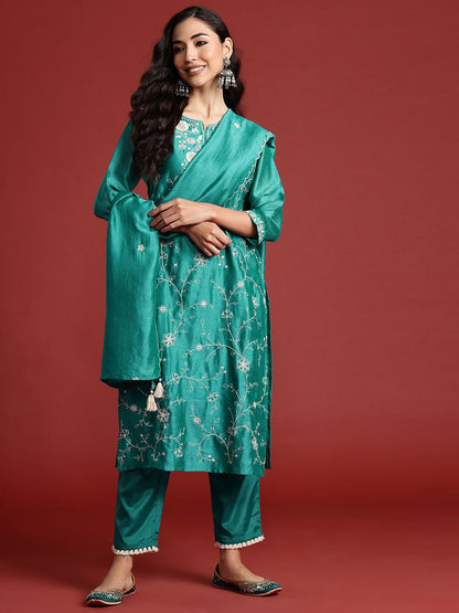 Dhiyona IE Floral Embroidered Thread Work Kurta With Trousers & Dupatta