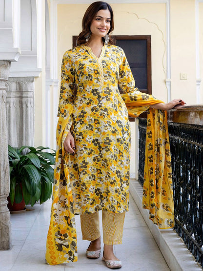 Dhiyona IE Floral Printed Mandarin Collar Pure Cotton Kurta With Trousers & Dupatta