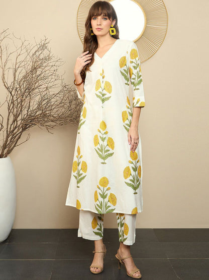 Dhiyona IE Floral Printed Pure Cotton Straight Kurta With Trousers