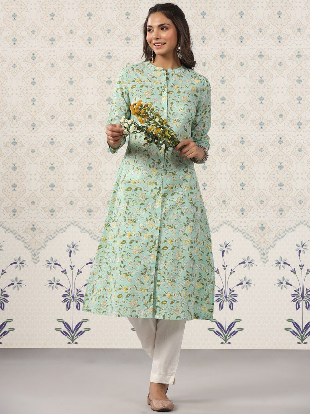 Dhiyona OD  Floral Printed Band Collar Pure Cotton Kurta