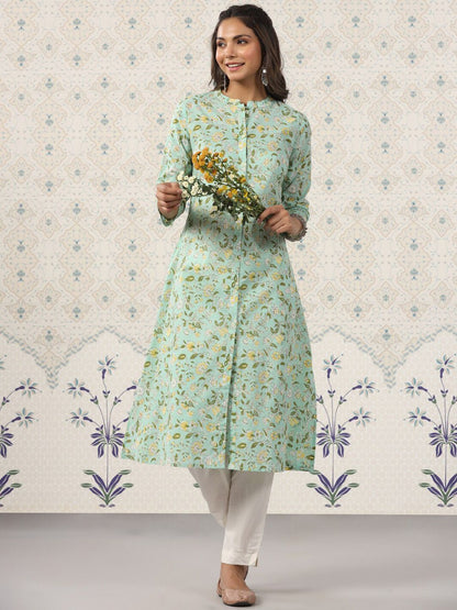 Dhiyona OD  Floral Printed Band Collar Pure Cotton Kurta