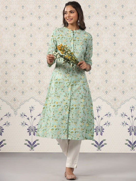 Dhiyona OD  Floral Printed Band Collar Pure Cotton Kurta