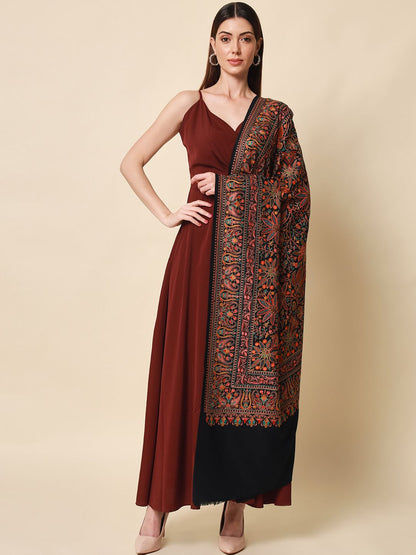 Dhiyona PA Women Black Embroidered Pure Wool Shawl