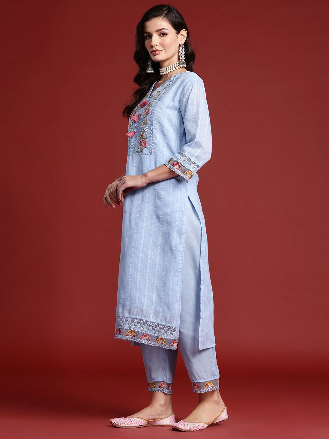 Dhiyona IE Floral Embroidered Tassel Detailed Pure Cotton Kurta & Trousers With Dupatta