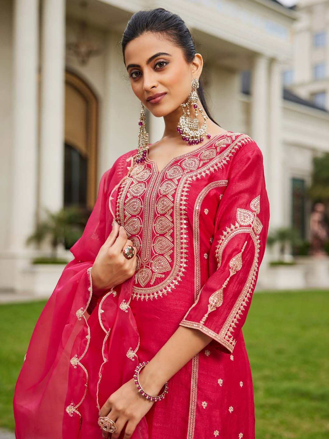 Women Ethnic Motifs Embroidered Panelled Kurta with Trousers & With Dupatta