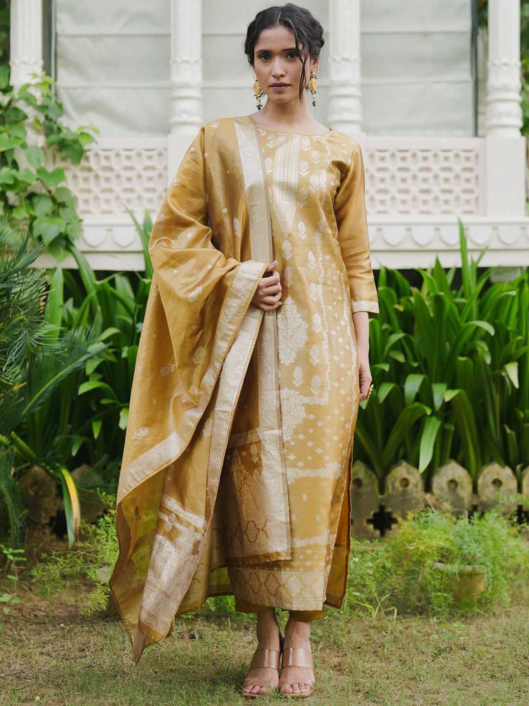 Dhiyona IE Ethnic Motifs Woven Design Straight Kurta With Trousers & Dupatta