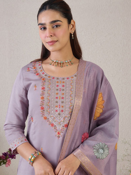 Dhiyona IE Floral Embroidered Round Neck Thread Work Straight Kurta & Trousers & Dupatta