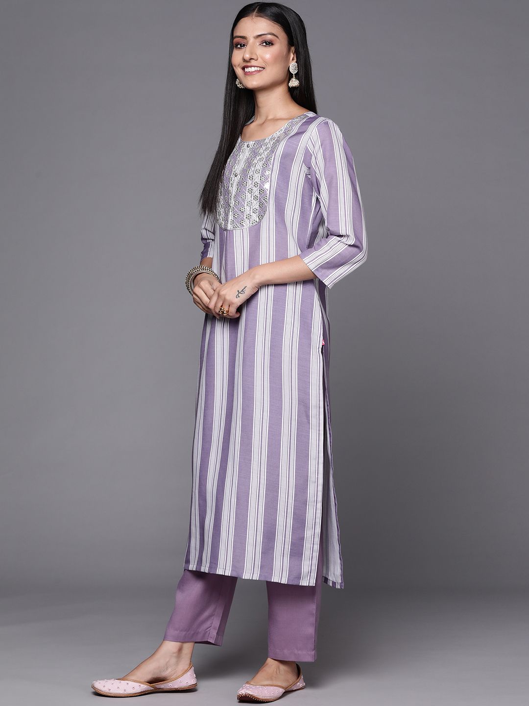 Dhiyona VA Women's Lavender & White Embroidered Kurta with Trousers & Dupatta