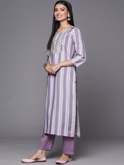 Dhiyona VA Women's Lavender & White Embroidered Kurta with Trousers & Dupatta