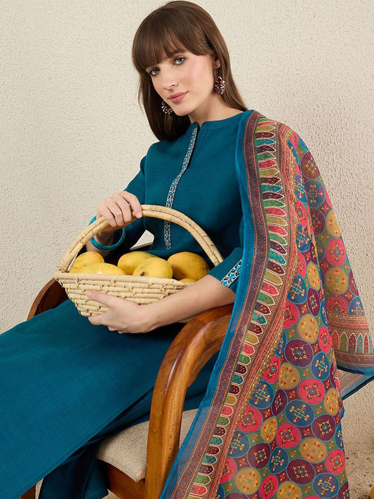 Dhiyona IE Women Solid Embroidered Kurta with Trousers & Dupatta