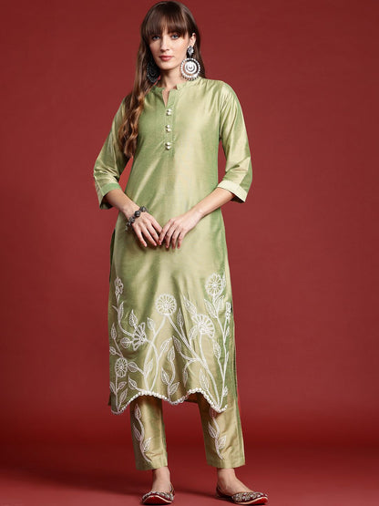 Dhiyona IE Floral Embroidered Thread Work Kurta with Trousers