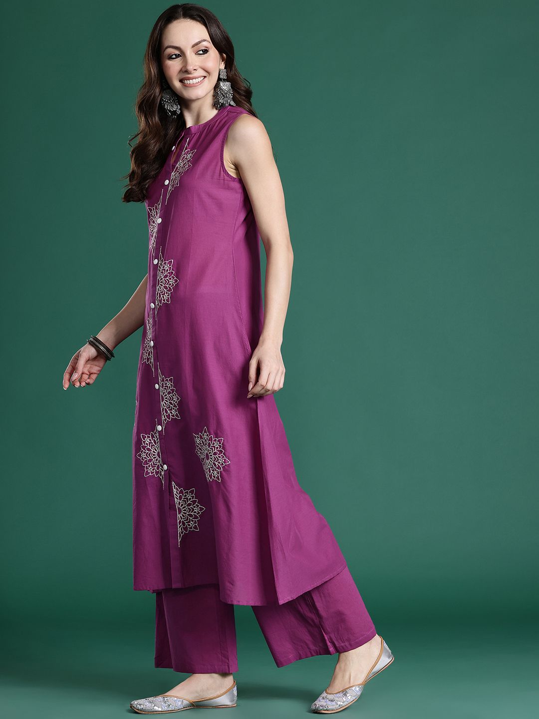 Floral Embroidered Thread Work Pure Cotton Kurta with Palazzos