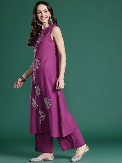 Floral Embroidered Thread Work Pure Cotton Kurta with Palazzos