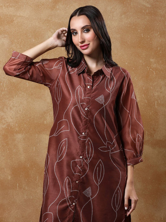 Dhiyona VA Women's Bandhani Printed Regular Chanderi Silk Kurta with Trousers