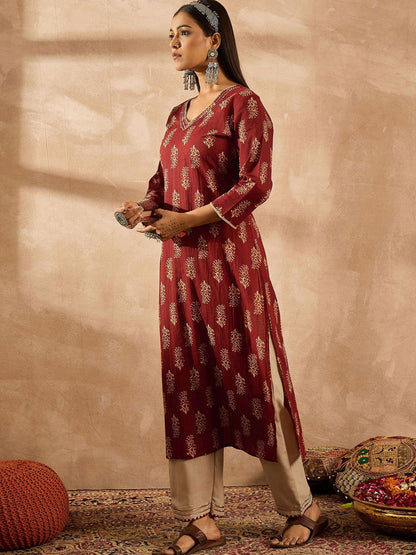 Dhiyona IE Floral Printed V-Neck Pure Cotton Thread Work Straight Kurta