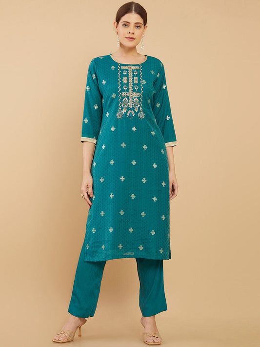 Dhiyona SO Women's Women Teal Floral Thread Work Chanderi Cotton Kurta with Trousers