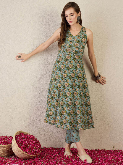 Dhiyona IE Printed Pure Cotton Straight Tunic With Trousers Co-Ords