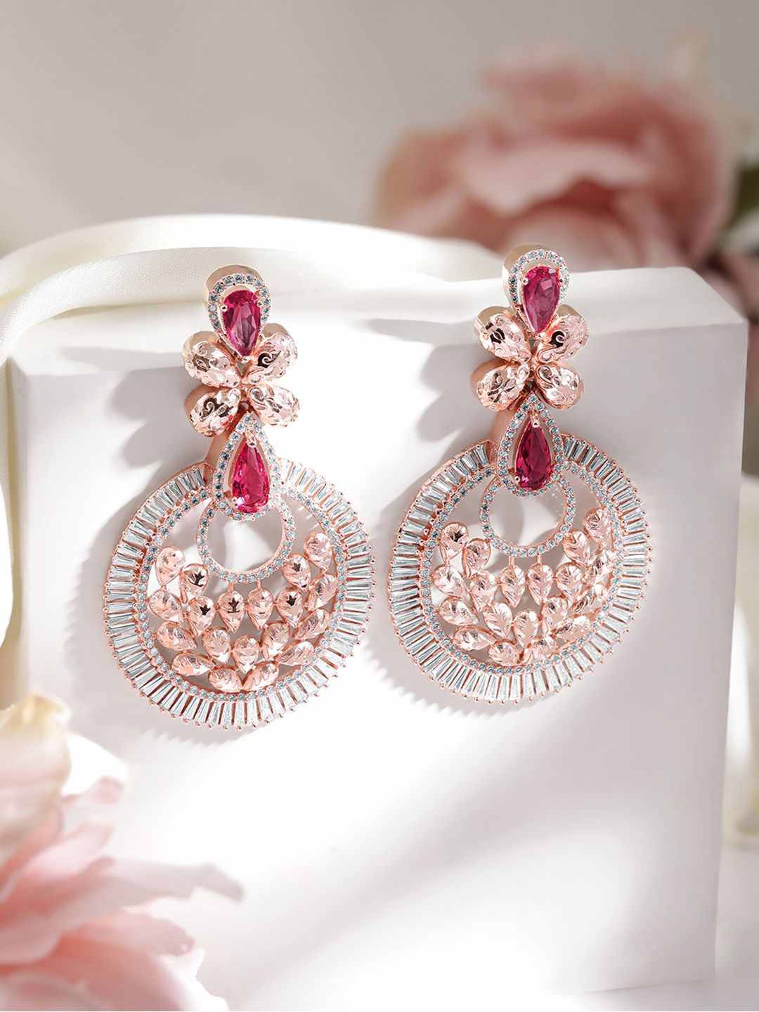 Dhiyona RJ Women's 22K Rose Gold-Plated Pink & White Cubic Zirconia Studded Floral Drop Earrings
