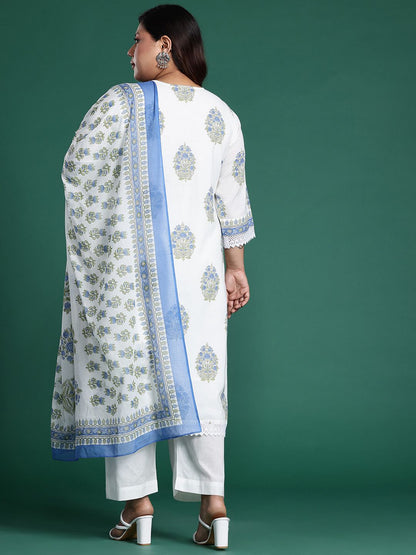 Dhiyona IE Plus Size Floral Printed Sequinned Pure Cotton Kurta with Trousers & With Dupatta