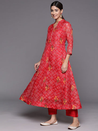 Dhiyona VA Women'sRed Bandhani printed A line Kurta with Trouser and Dupatta