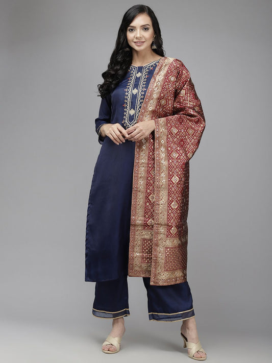Women Navy Blue Yoke Embroidered Kurta with Palazzos & Dupatta