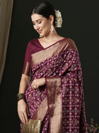 Women's Silk Blend Magenta Woven Design Designer Saree With Blouse Piece