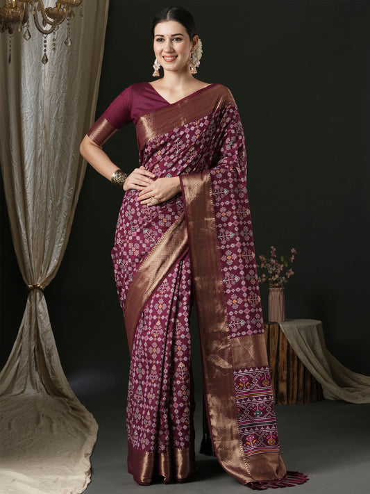 Women's Silk Blend Magenta Woven Design Designer Saree With Blouse Piece