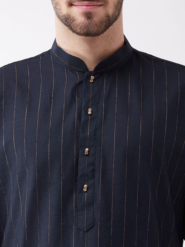 Men's Navy Blue Cotton Blend Straight Kurta Pyjama Set