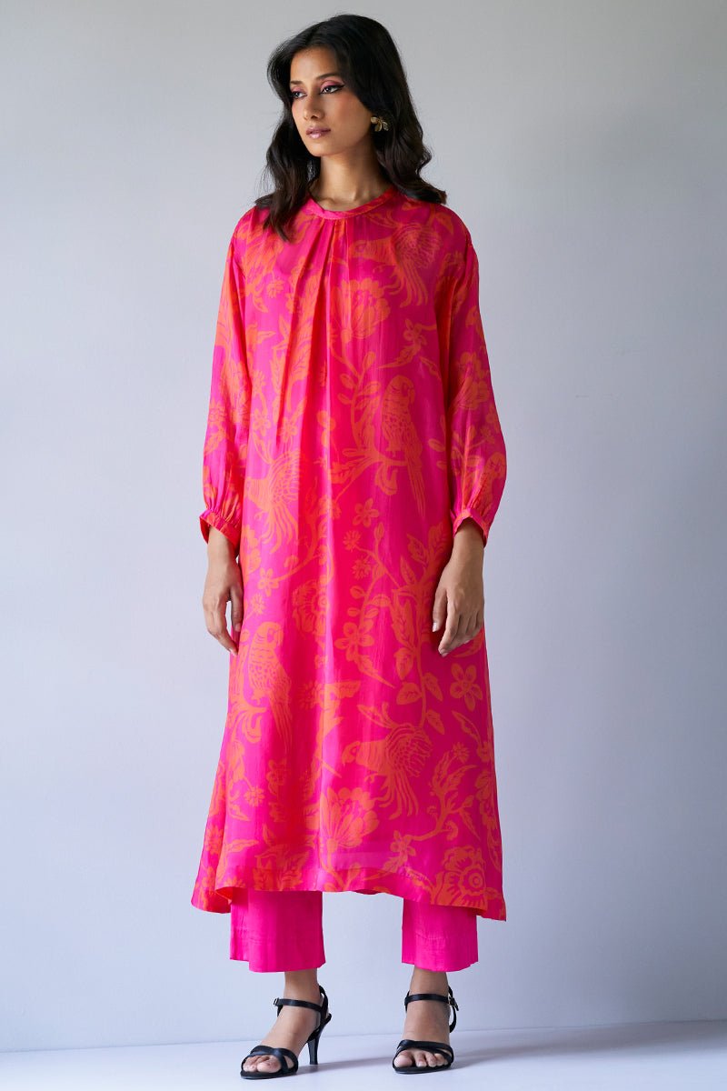 Women's Hot Pink and Orange Bemberg Silk Printed Co-ord Set