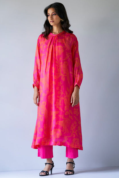 Women's Hot Pink and Orange Bemberg Silk Printed Co-ord Set