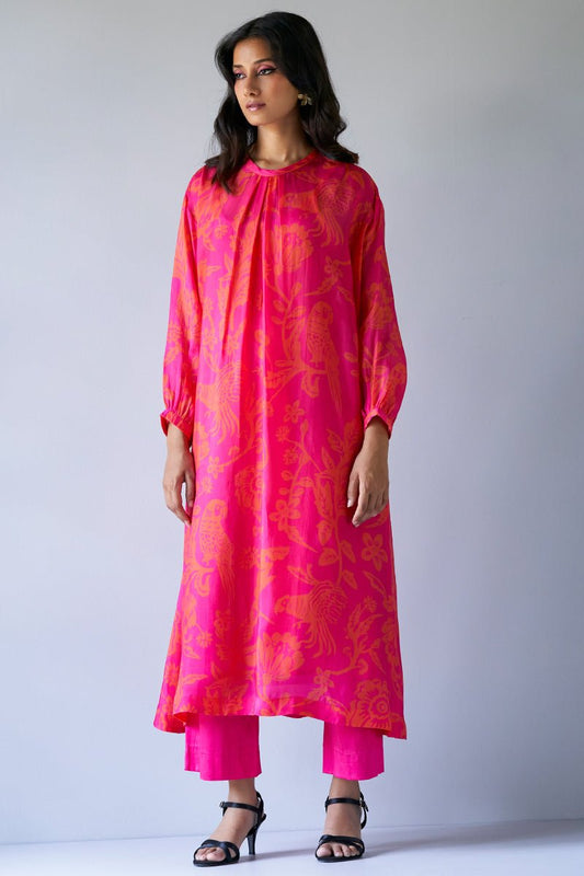 Women's Hot Pink and Orange Bemberg Silk Printed Co-ord Set
