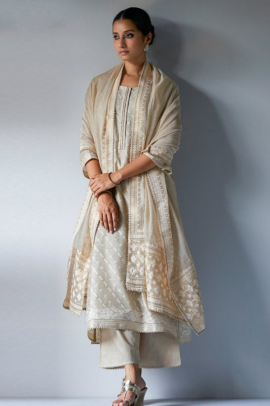 Women's Fog Beige Woven Viscose Chanderi Zari Kurta Suit Set With Delicate Embroidery Detailing