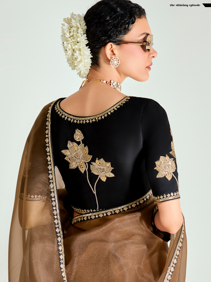 Dhiyona KM Women Black & Brown Shade Organza Saree