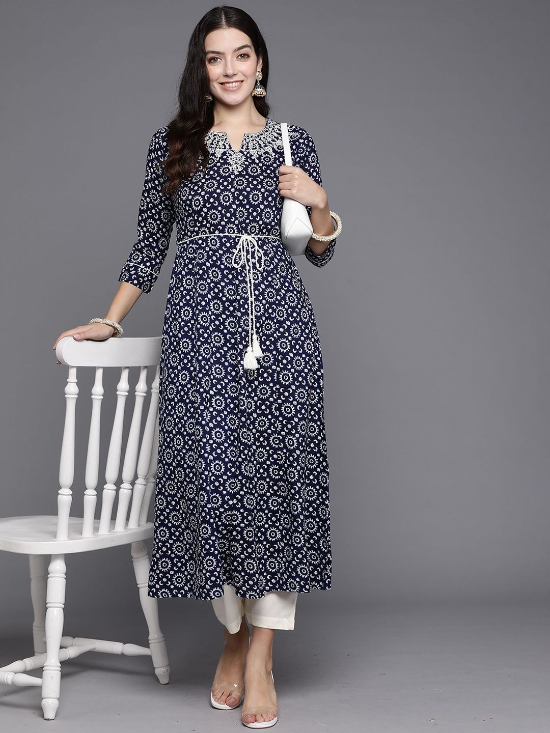 Dhiyona IE Floral Printed Notch Neck A-line Kurta