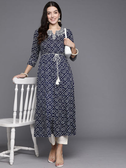 Dhiyona IE Floral Printed Notch Neck A-line Kurta