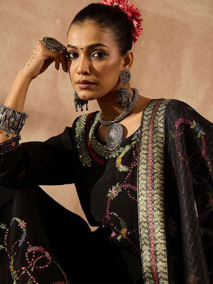 Dhiyona IE Women Floral Embroidered Regular Thread Work Kurta with Trousers & With Dupatta
