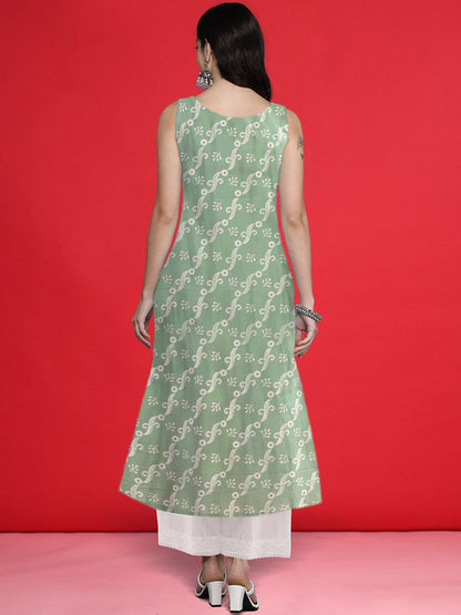 Dhiyona IE Geometric Printed Round Neck Sleeveless Gotta Patti Cotton Straight Kurta