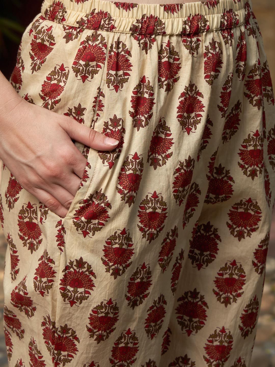 Dhiyona SN Women's Maroon Floral Printed Angrakha Pure Cotton Kurta with Trousers & Dupatta