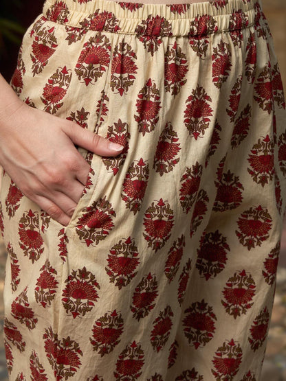 Dhiyona SN Women's Maroon Floral Printed Angrakha Pure Cotton Kurta with Trousers & Dupatta